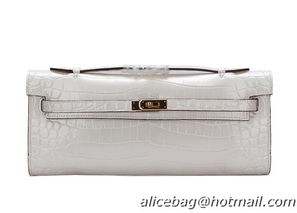 Hermes Kelly Clutch Bag Croco Leather K1002 White