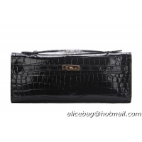 Hermes Kelly Clutch Bag Croco Leather K1002 Black