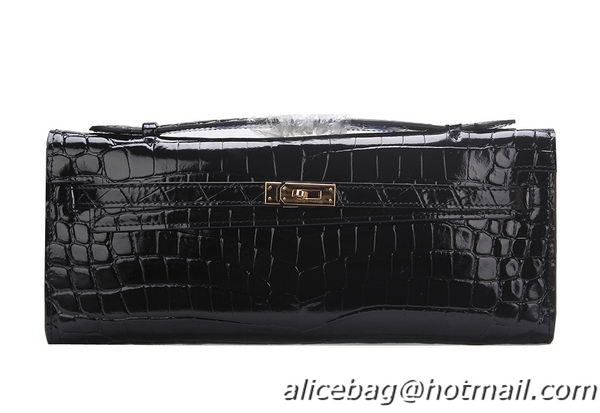 Hermes Kelly Clutch Bag Croco Leather K1002 Black