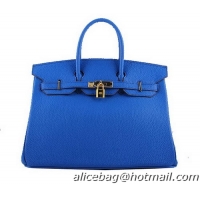 Hermes Birkin 35CM Tote Bags Blue Grainy Leather H-35 Gold