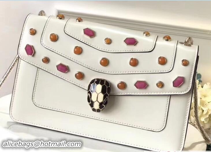 Most Popular Bvlgari Gen Studs Serpenti Forever Flap Cover Shoulder Bag 111308 White/Pink 2017