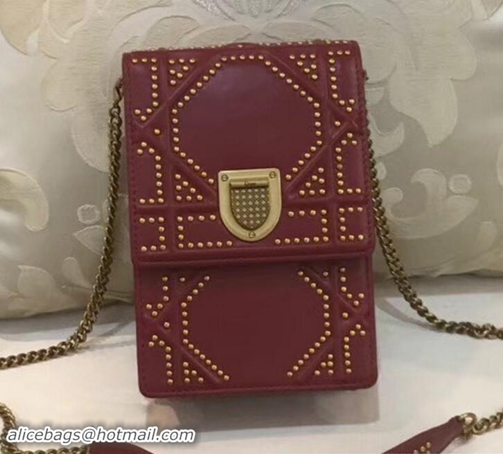 Good Product Dior Diorama Vertical Clutch Phone Bag In Dark Red Studded Lambskin With Large Cannage Design 2018 11419