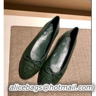 Top Quality Chanel Lambskin Classic Bow Ballerinas Flats G31501 Dark Green