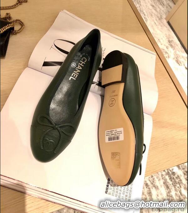 Top Quality Chanel Lambskin Classic Bow Ballerinas Flats G31501 Dark Green