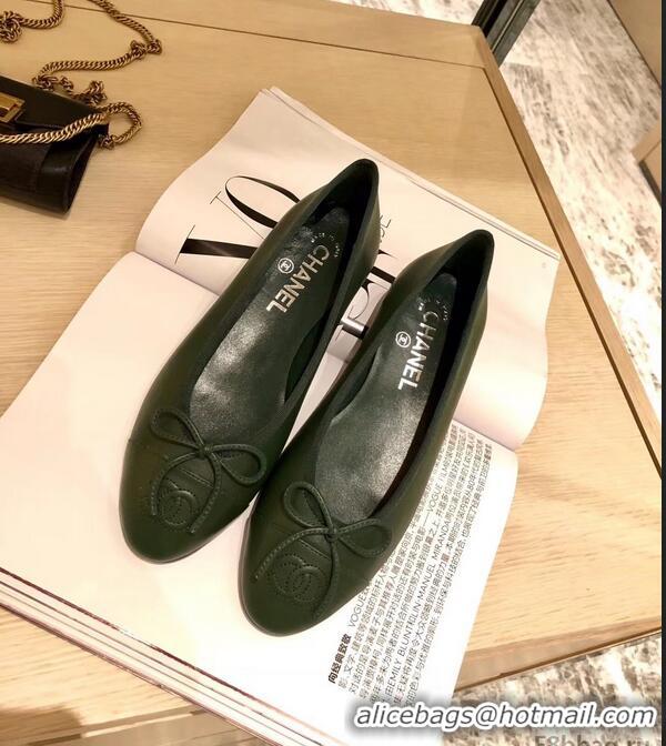 Top Quality Chanel Lambskin Classic Bow Ballerinas Flats G31501 Dark Green