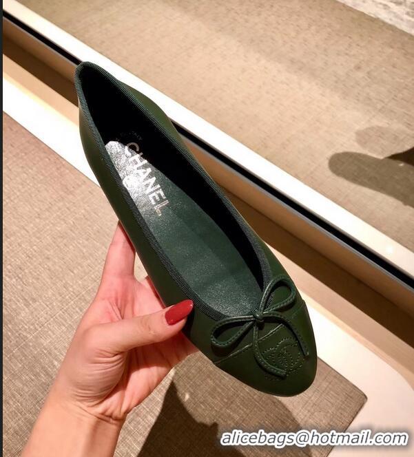 Top Quality Chanel Lambskin Classic Bow Ballerinas Flats G31501 Dark Green