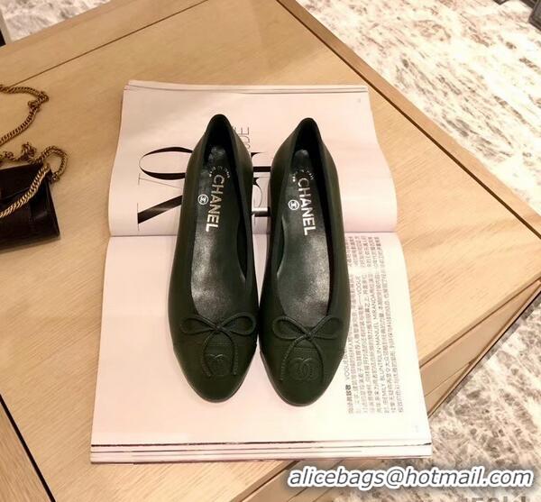 Top Quality Chanel Lambskin Classic Bow Ballerinas Flats G31501 Dark Green