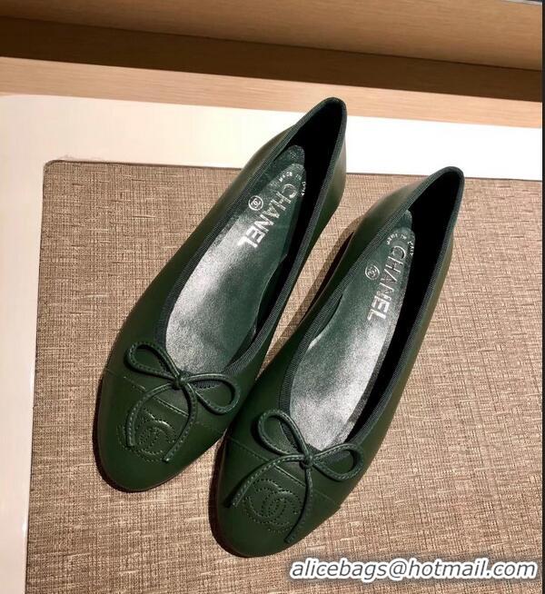 Top Quality Chanel Lambskin Classic Bow Ballerinas Flats G31501 Dark Green