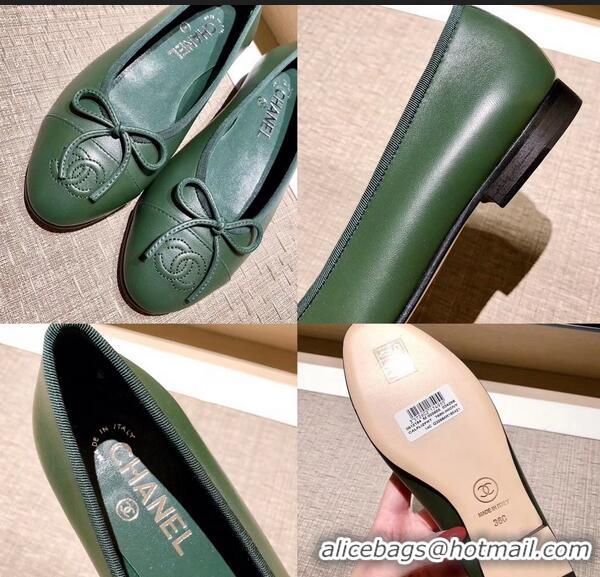 Top Quality Chanel Lambskin Classic Bow Ballerinas Flats G31501 Dark Green