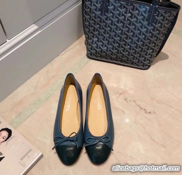 New Fashion Chanel Lambskin Classic Bow Ballerinas Flats G31501 Blue Green/Black