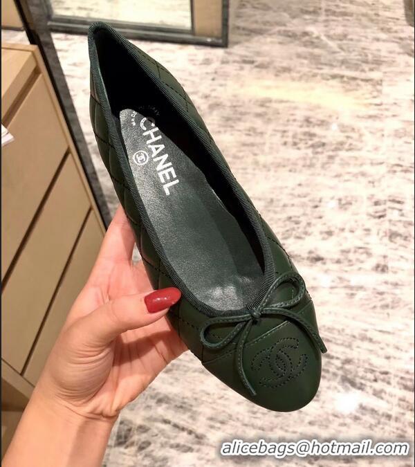 Low Price Chanel Lambskin Classic Bow Ballerinas Flats G31502 Quilting Dark Green