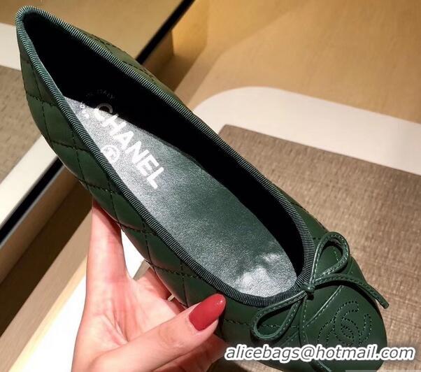 Low Price Chanel Lambskin Classic Bow Ballerinas Flats G31502 Quilting Dark Green