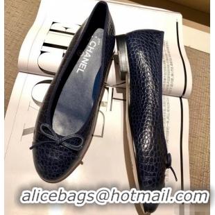 Low Price Chanel Crocodile Pattern Classic Bow Ballerinas Flats G31503 Navy Blue