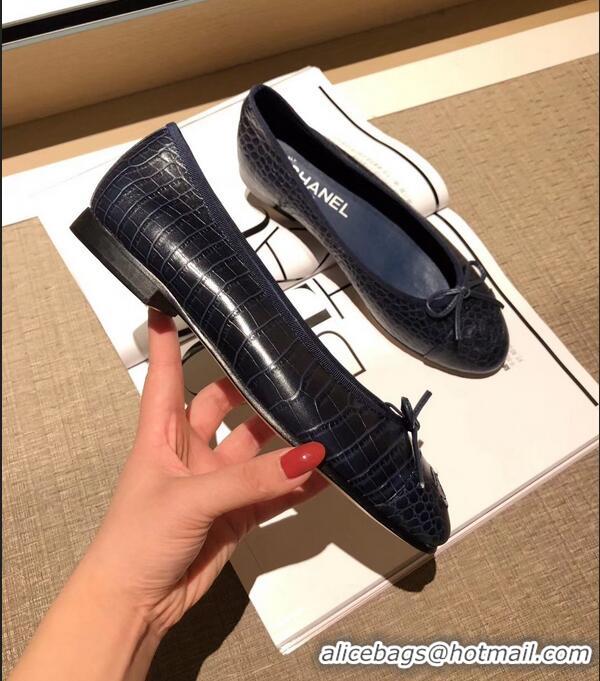 Low Price Chanel Crocodile Pattern Classic Bow Ballerinas Flats G31503 Navy Blue