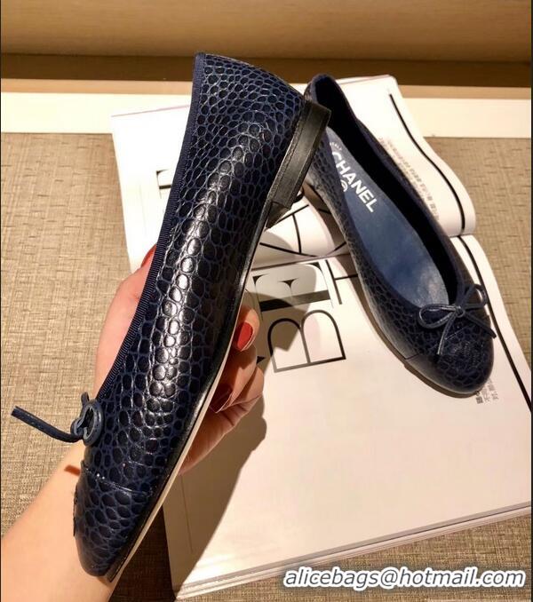 Low Price Chanel Crocodile Pattern Classic Bow Ballerinas Flats G31503 Navy Blue