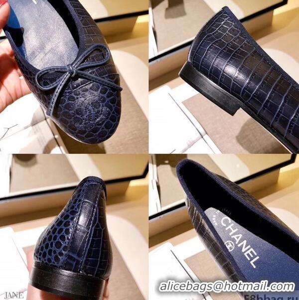 Low Price Chanel Crocodile Pattern Classic Bow Ballerinas Flats G31503 Navy Blue