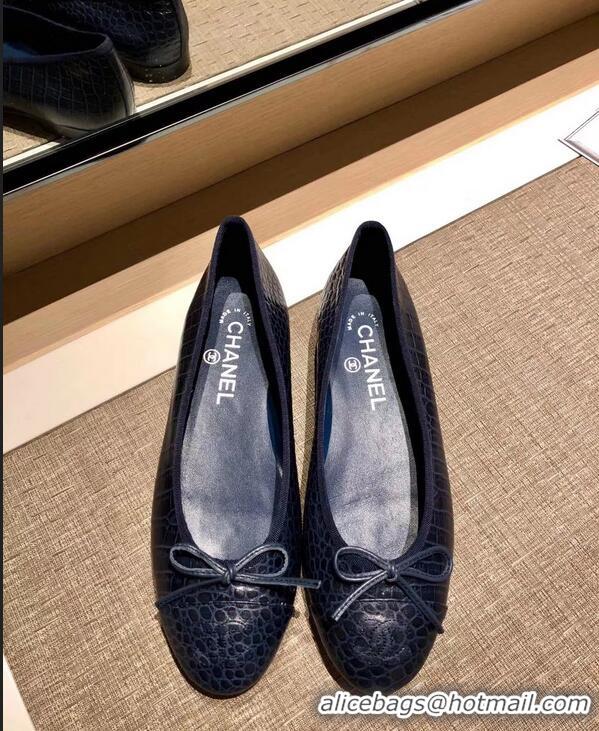 Low Price Chanel Crocodile Pattern Classic Bow Ballerinas Flats G31503 Navy Blue