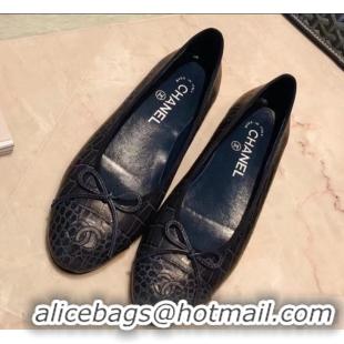 Hot Sale Chanel Crocodile Pattern Classic Bow Ballerinas Flats G31504 Navy Blue