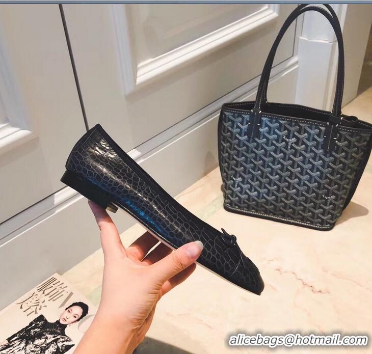 Hot Sale Chanel Crocodile Pattern Classic Bow Ballerinas Flats G31504 Navy Blue