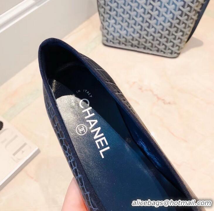 Hot Sale Chanel Crocodile Pattern Classic Bow Ballerinas Flats G31504 Navy Blue