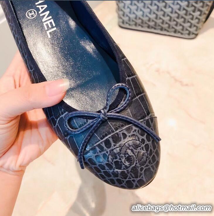 Hot Sale Chanel Crocodile Pattern Classic Bow Ballerinas Flats G31504 Navy Blue