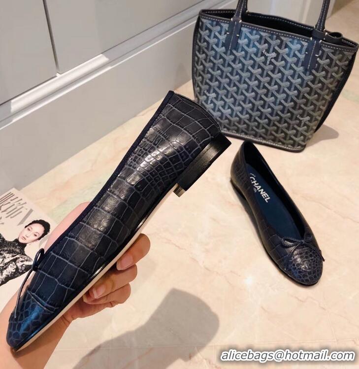 Hot Sale Chanel Crocodile Pattern Classic Bow Ballerinas Flats G31504 Navy Blue