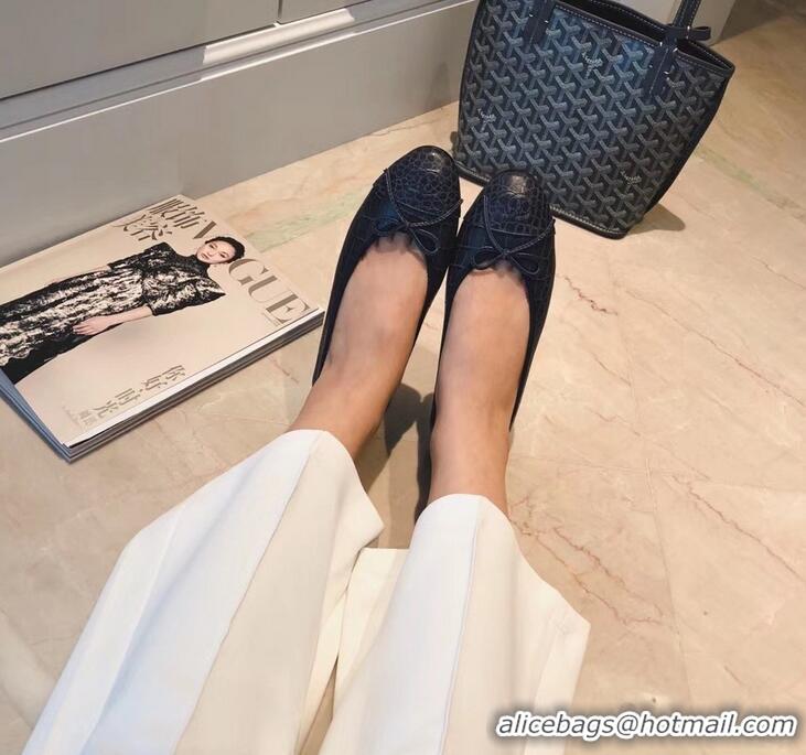 Hot Sale Chanel Crocodile Pattern Classic Bow Ballerinas Flats G31504 Navy Blue