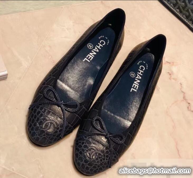 Hot Sale Chanel Crocodile Pattern Classic Bow Ballerinas Flats G31504 Navy Blue