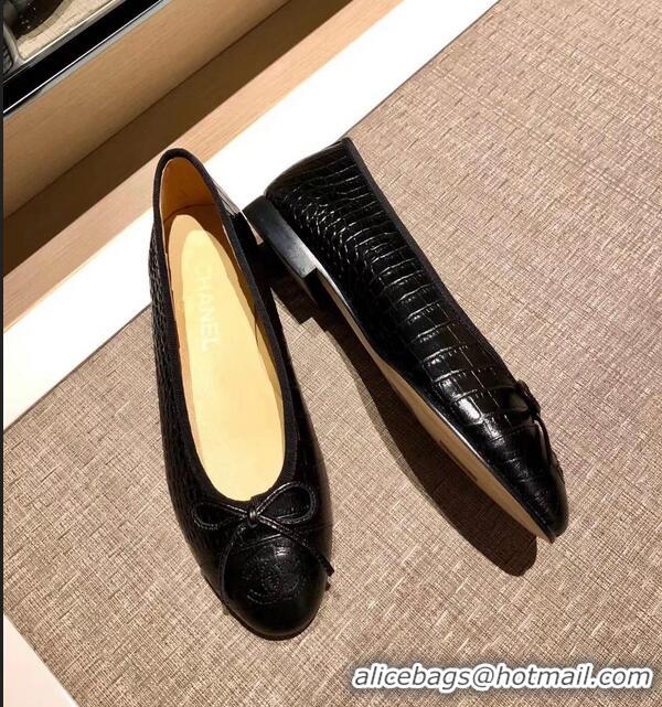 Grade Design Chanel Crocodile Pattern Classic Bow Ballerinas Flats G31505 Black 01