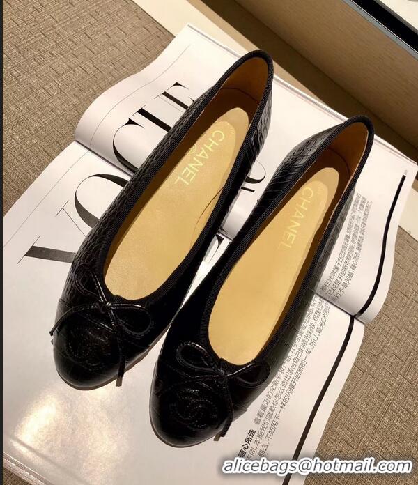 Grade Design Chanel Crocodile Pattern Classic Bow Ballerinas Flats G31505 Black 01