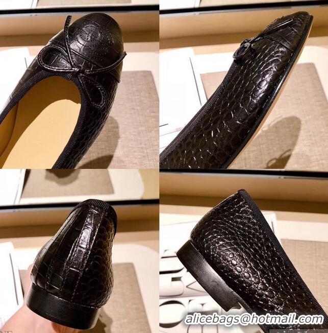 Grade Design Chanel Crocodile Pattern Classic Bow Ballerinas Flats G31505 Black 01