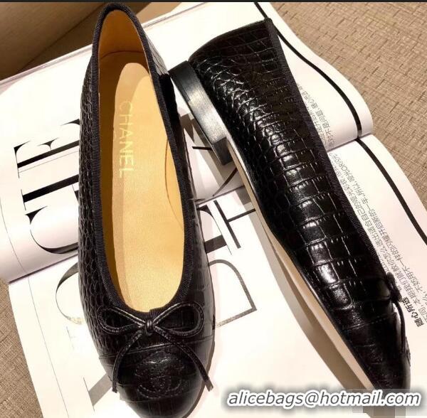 Grade Design Chanel Crocodile Pattern Classic Bow Ballerinas Flats G31505 Black 01