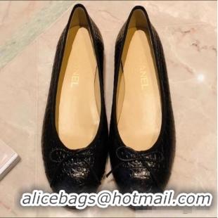 Free Shipping Chanel Crocodile Pattern Classic Bow Ballerinas Flats G31506 Black 02