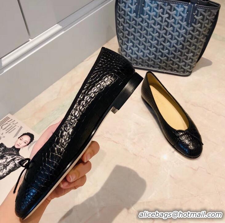 Free Shipping Chanel Crocodile Pattern Classic Bow Ballerinas Flats G31506 Black 02