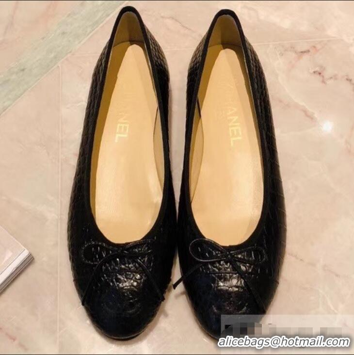 Free Shipping Chanel Crocodile Pattern Classic Bow Ballerinas Flats G31506 Black 02