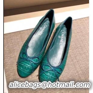 Promotional Chanel Crocodile Pattern Classic Bow Ballerinas Flats G31507 Green 01