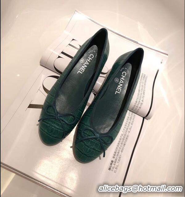 Promotional Chanel Crocodile Pattern Classic Bow Ballerinas Flats G31507 Green 01