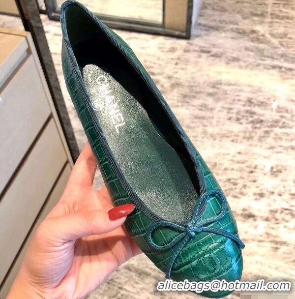 Promotional Chanel Crocodile Pattern Classic Bow Ballerinas Flats G31507 Green 01