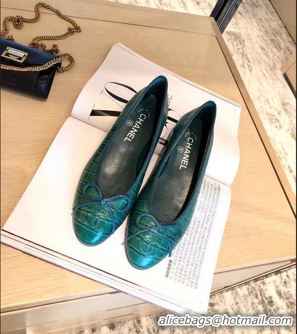 Promotional Chanel Crocodile Pattern Classic Bow Ballerinas Flats G31507 Green 01