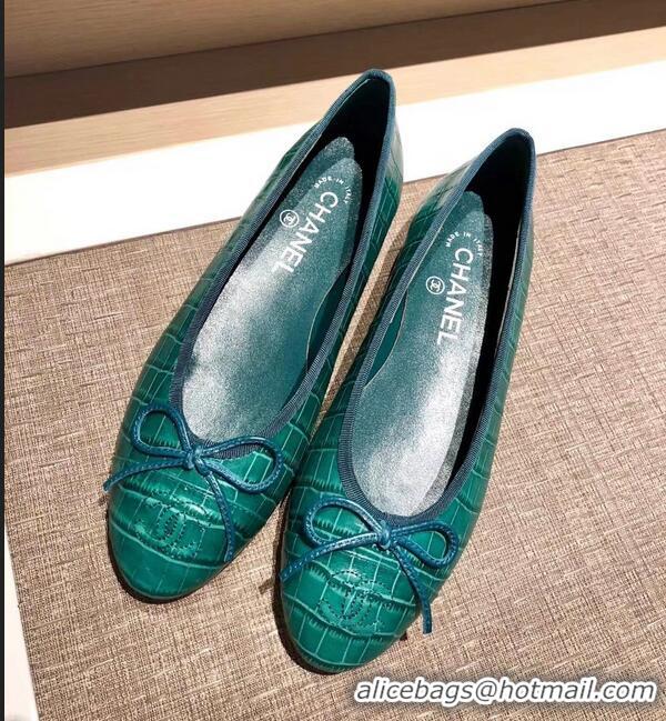 Promotional Chanel Crocodile Pattern Classic Bow Ballerinas Flats G31507 Green 01