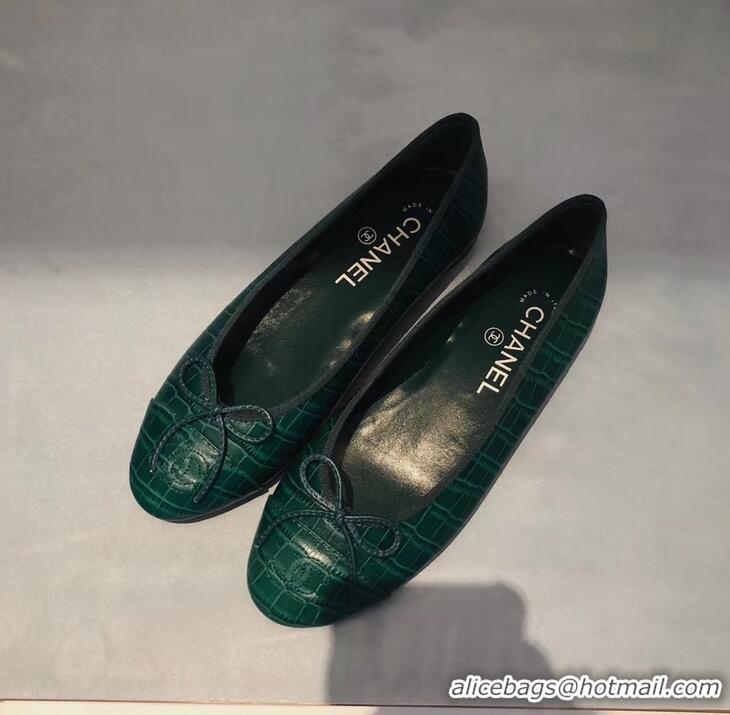 Famous Brand Chanel Crocodile Pattern Classic Bow Ballerinas Flats G31508 Green 02