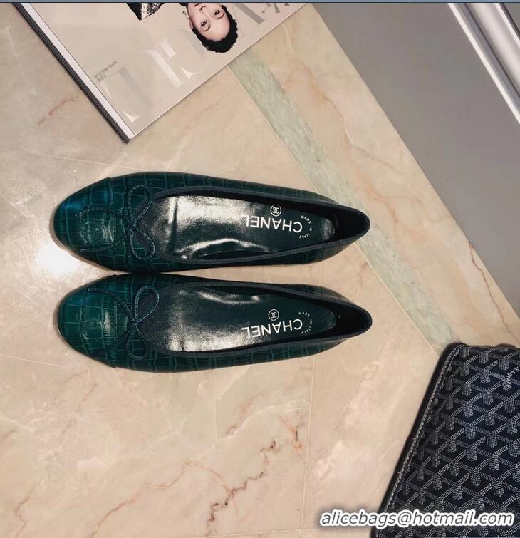 Famous Brand Chanel Crocodile Pattern Classic Bow Ballerinas Flats G31508 Green 02