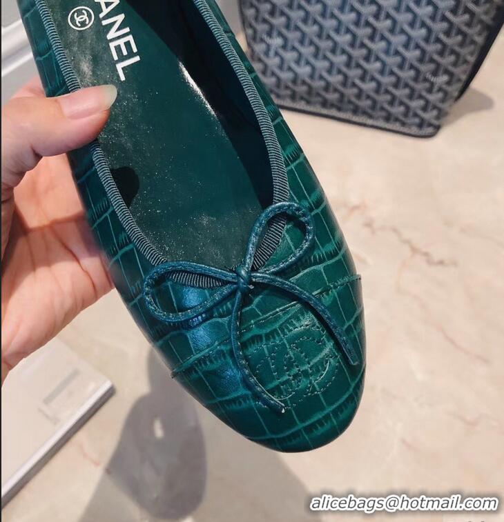 Famous Brand Chanel Crocodile Pattern Classic Bow Ballerinas Flats G31508 Green 02