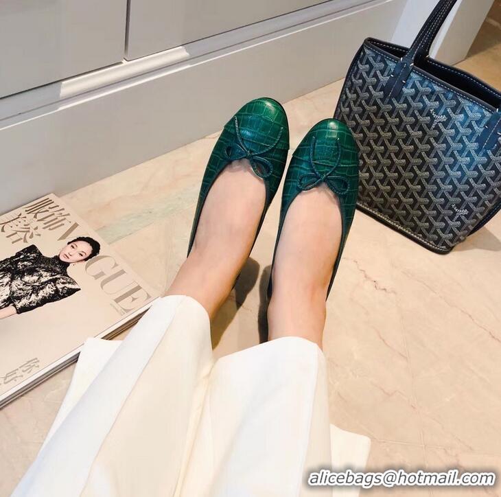 Famous Brand Chanel Crocodile Pattern Classic Bow Ballerinas Flats G31508 Green 02