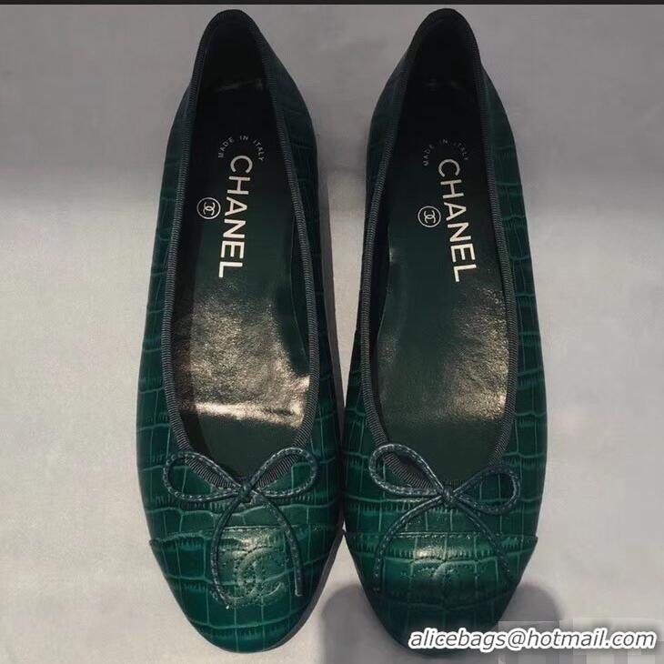 Famous Brand Chanel Crocodile Pattern Classic Bow Ballerinas Flats G31508 Green 02