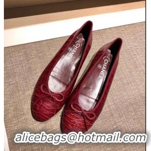 Discount Chanel Crocodile Pattern Classic Bow Ballerinas Flats G31511 Dark Red 01