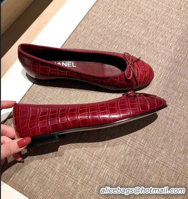 Discount Chanel Crocodile Pattern Classic Bow Ballerinas Flats G31511 Dark Red 01