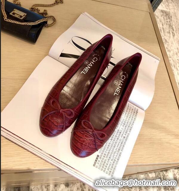 Discount Chanel Crocodile Pattern Classic Bow Ballerinas Flats G31511 Dark Red 01