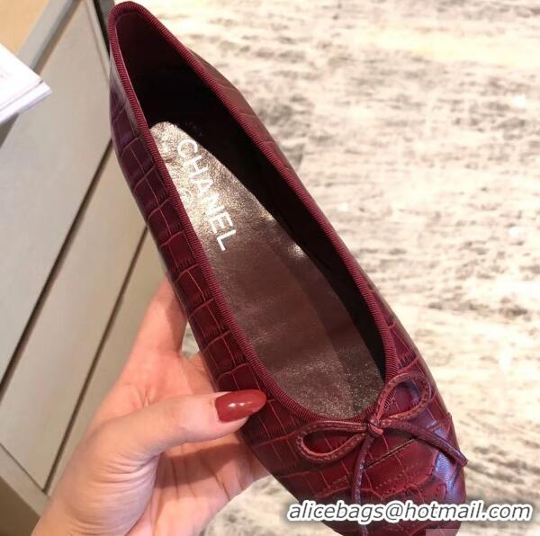 Discount Chanel Crocodile Pattern Classic Bow Ballerinas Flats G31511 Dark Red 01