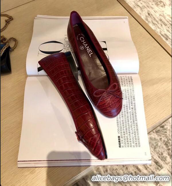 Discount Chanel Crocodile Pattern Classic Bow Ballerinas Flats G31511 Dark Red 01